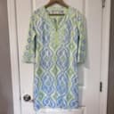 Gretchen Scott Tunic Dress Women Small Blue Green Ikat 3/4 Sleeve Split Neck