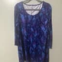 Lovelin Women's 2XL Purple/Blue Feather Shift Dress Knit Stretch 3/4 Sleeve