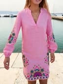 Boden Cleo Linen Dress 12L Pink Floral Embroidered Resortwear MISSING BELT